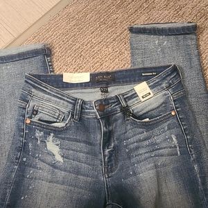 Blue destroyed blean splatter boyfriend jeans